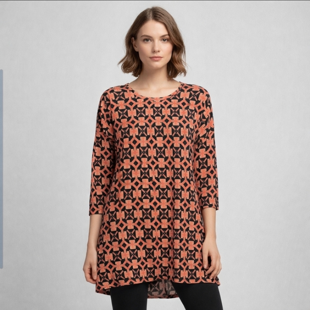 Pink Blush Geometric Print Tunic Dress LS Casual Size Large Boho Patterned